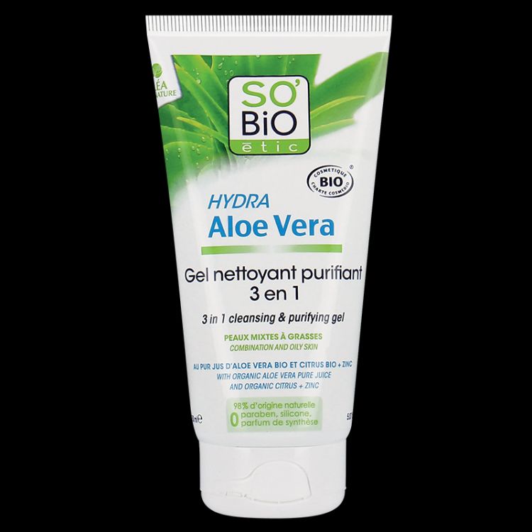 So'Bio Etic Gel Nettoyant Purifiant 3 En 1 - Pour Les Peaux Mixtes À Grasses A L'Aloe Vera 150Ml